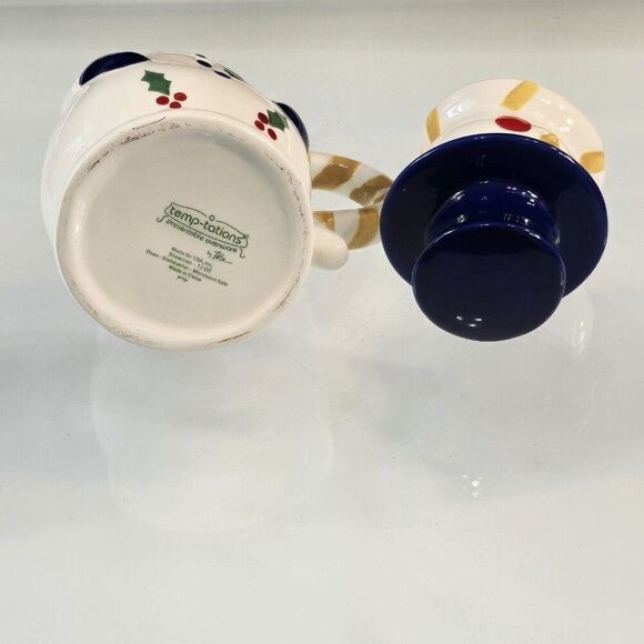 Snowman Mug With Blue Hat Lid Temptations Presentable Ovenware By Tara Ceramic - Picture 7 of 8